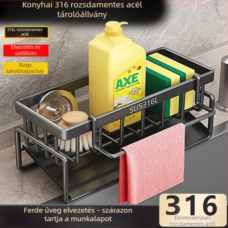 Rozsdamentes acélból készült konyhai tárolóállvány leeresztő résszel és törölközőtartóval a mosogatóhoz