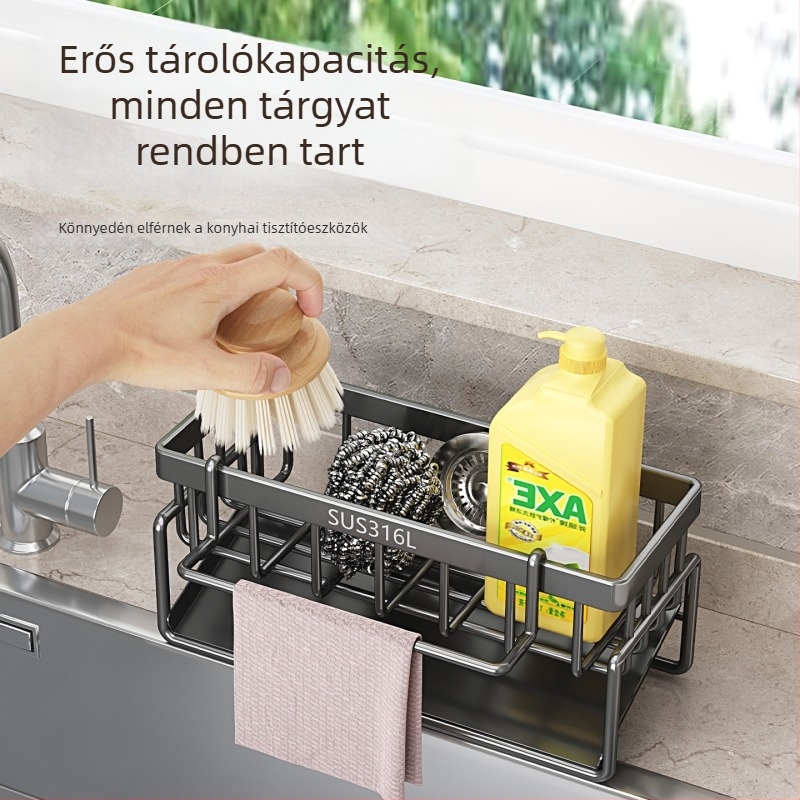 Rozsdamentes acélból készült konyhai tárolóállvány leeresztő résszel és törölközőtartóval a mosogatóhoz