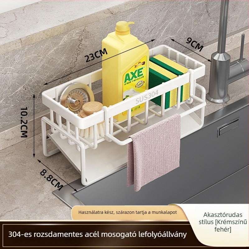 Rozsdamentes acélból készült konyhai tárolóállvány leeresztő résszel és törölközőtartóval a mosogatóhoz