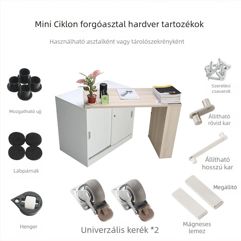 Háztartási multifunkcionális forgó étkezőasztal, összecsukható tároló szekrénnyel és fém csatlakozóelemekkel