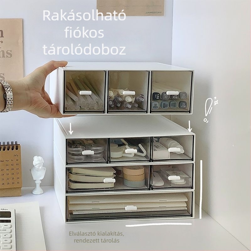 Átlátszó akrilból készült asztali tároló, fiókos, többszintes osztókkal, három szint, nagy kapacitás