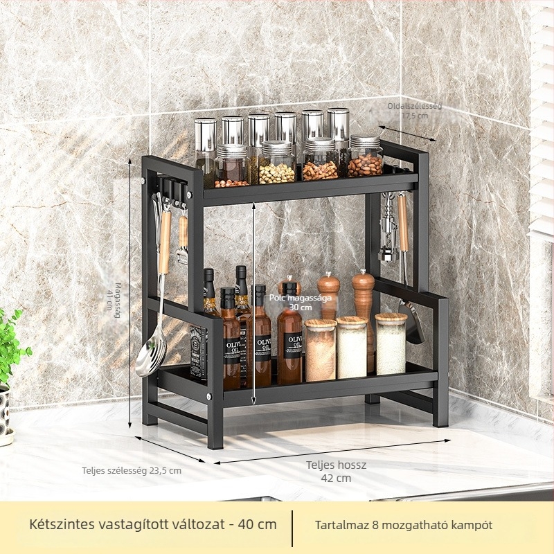 Konyhai fűszertartó és tároló polc, asztalra és padlóra álló, többfunkciós magasan kiemelt védőfallal