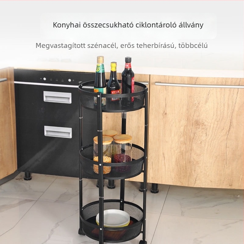 Összecsukható konyhai tárolóállvány, többszintes, mobil kosár gyümölcsökhöz, zöldségekhez és nassolnivalókhoz