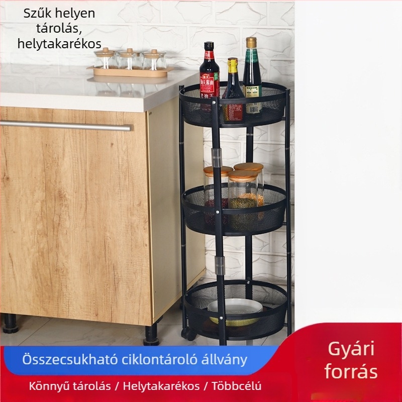 Összecsukható konyhai tárolóállvány, többszintes, mobil kosár gyümölcsökhöz, zöldségekhez és nassolnivalókhoz