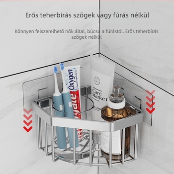 Rozsdamentes acél sarokszivacs-tároló a konyhai mosogatóhoz, fúrás nélkül telepíthető fürdőszobai faliszerelvény, háromszög alakú leeresztő polc