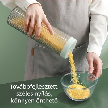 Kör alakú zárható tároló edény gabonák, tészta, liszt és nassolnivalók számára, 1–2 literes kapacitás, PET+PP anyag