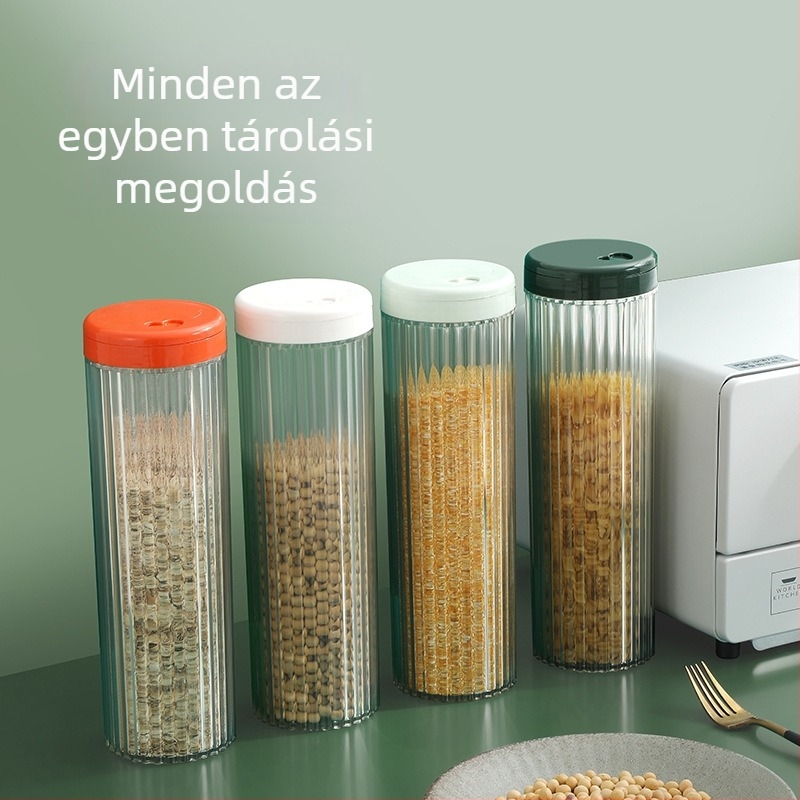 Kör alakú zárható tároló edény gabonák, tészta, liszt és nassolnivalók számára, 1–2 literes kapacitás, PET+PP anyag