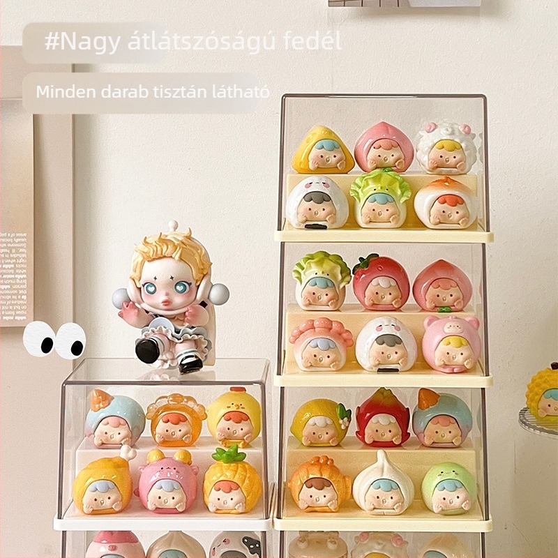 Akril áttetsző figurakiállító doboz porvédett tárolóval, 2 rekesz