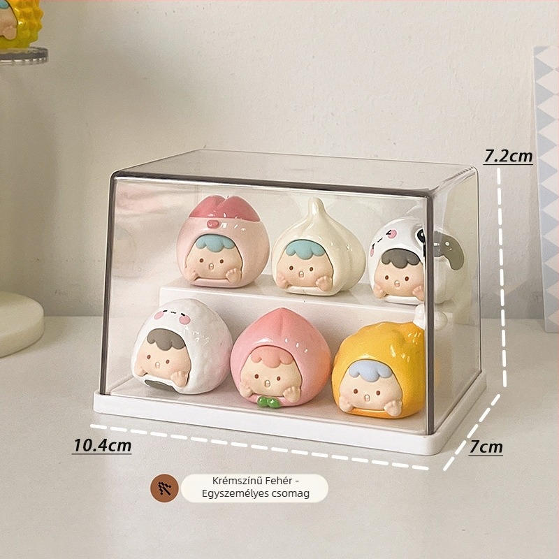 Akril áttetsző figurakiállító doboz porvédett tárolóval, 2 rekesz