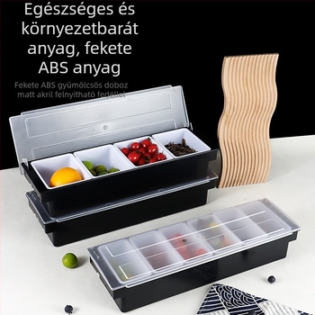 Műanyag fűszertartó doboz, osztott gyümölcs rekeszekkel, bár- és koktéleszközök