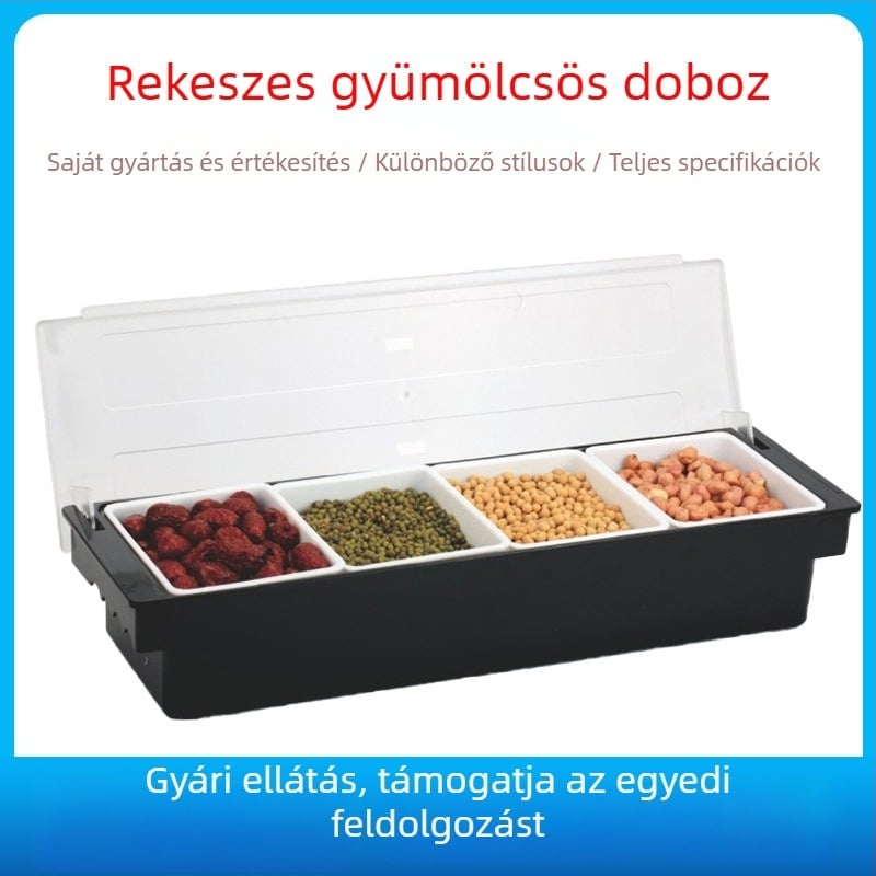 Műanyag fűszertartó doboz, osztott gyümölcs rekeszekkel, bár- és koktéleszközök