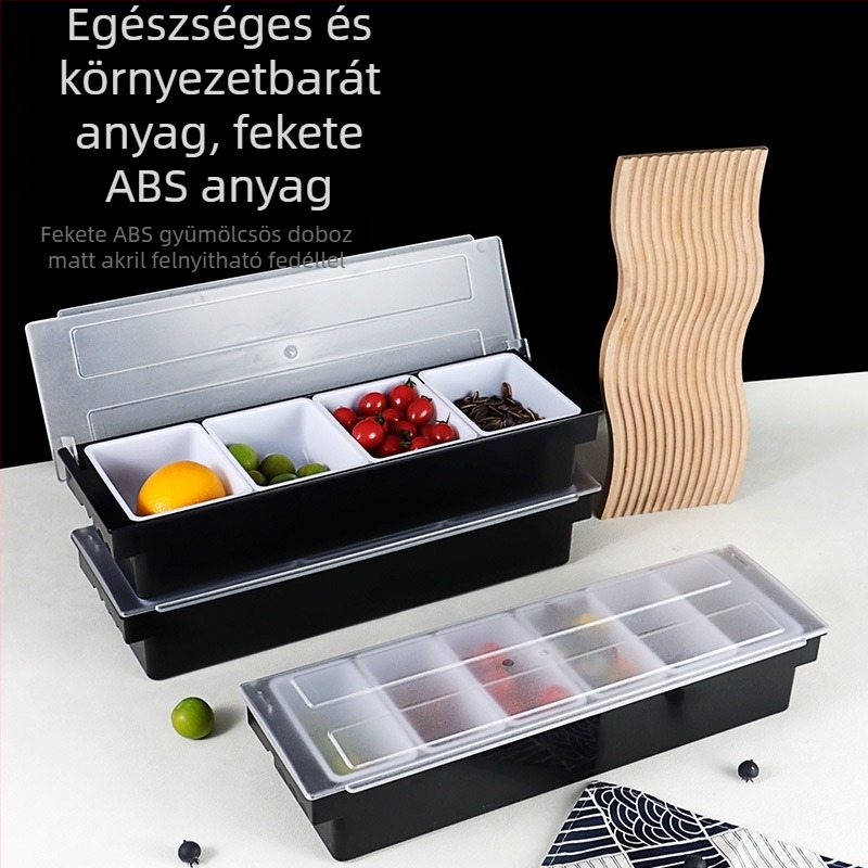 Műanyag fűszertartó doboz, osztott gyümölcs rekeszekkel, bár- és koktéleszközök