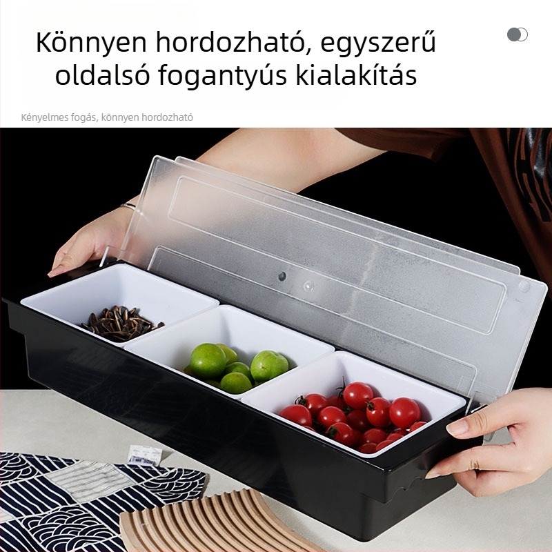 Műanyag fűszertartó doboz, osztott gyümölcs rekeszekkel, bár- és koktéleszközök