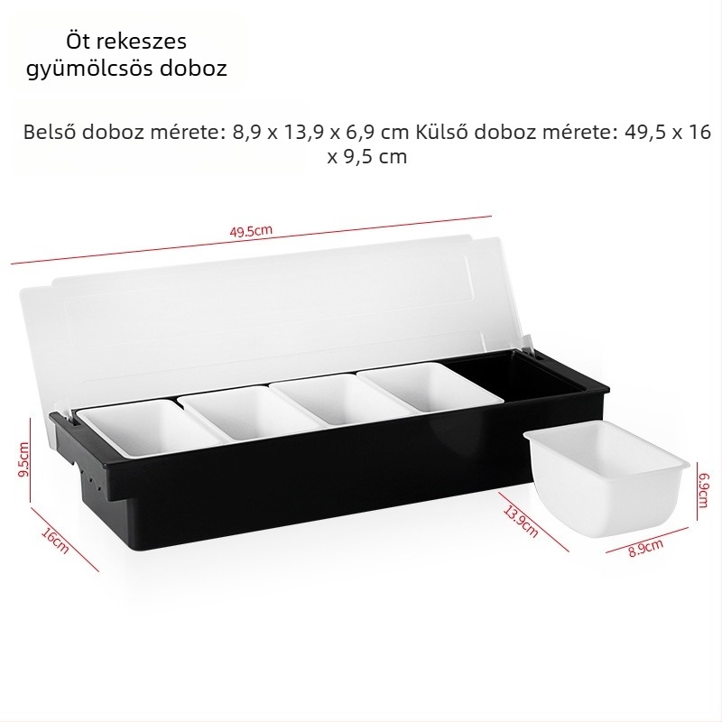 Műanyag fűszertartó doboz, osztott gyümölcs rekeszekkel, bár- és koktéleszközök