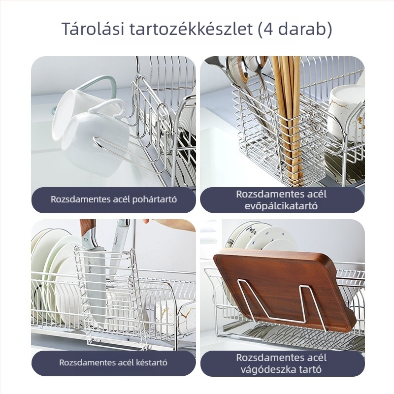 Rozsda­mentes acélból készült konyhai tároló, többfunkciós edény- és tálállvány, lecsöpögtető állvány