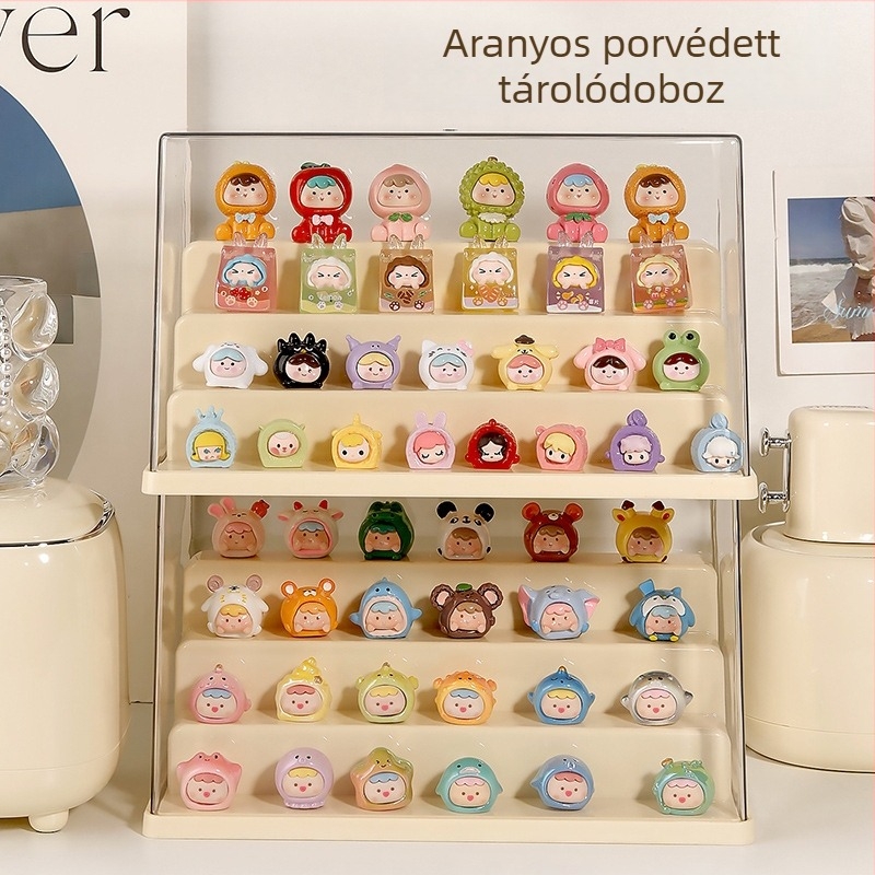 Porvédett akril vitrína babáknak és mini figuráknak, asztali kivitel, átlátszó, modern minimalist stílus, 1 L kapacitás, egymásra pakolható.
