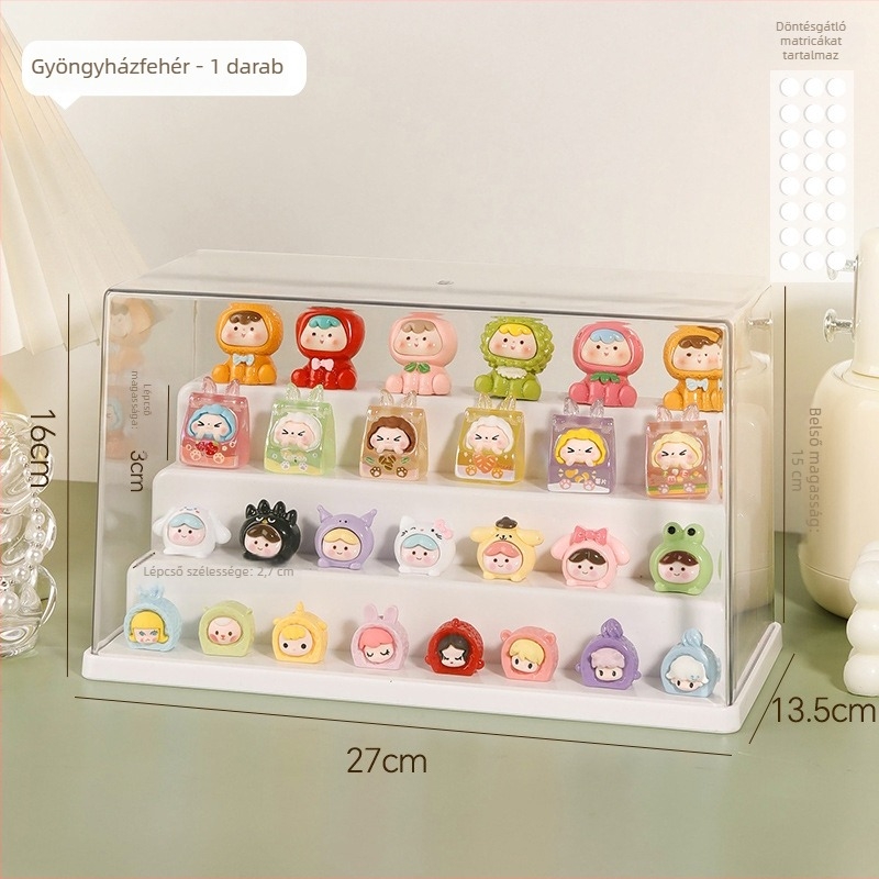 Porvédett akril vitrína babáknak és mini figuráknak, asztali kivitel, átlátszó, modern minimalist stílus, 1 L kapacitás, egymásra pakolható.