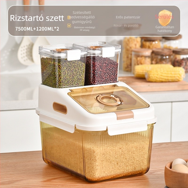 Rizs- és liszt-tároló üveg boroszilikátból, zárható, nedvesség- és rovarálló, élelmiszer-minőségű, vastag kialakítás, 7–8 literes kapacitás
