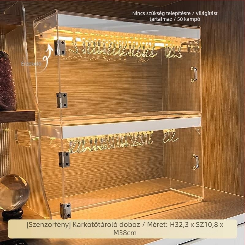 Átlátszó akrilból készült kristály karkötő bemutató állvány, többszintes porvédett ékszer bemutató szekrény világítással