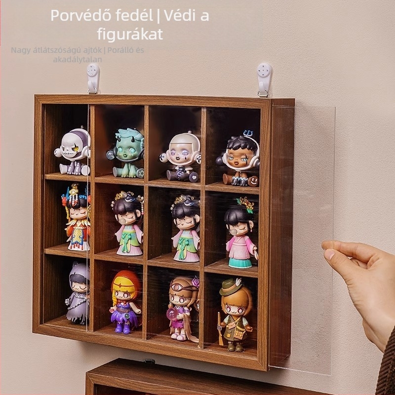 Diófa erezetű falra szerelhető Blind Box tároló- és bemutató állvány porálló kialakítással, 12 rekesz, új kínai stílus