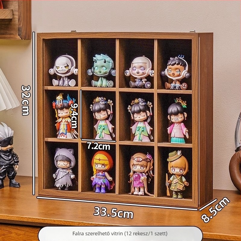 Diófa erezetű falra szerelhető Blind Box tároló- és bemutató állvány porálló kialakítással, 12 rekesz, új kínai stílus