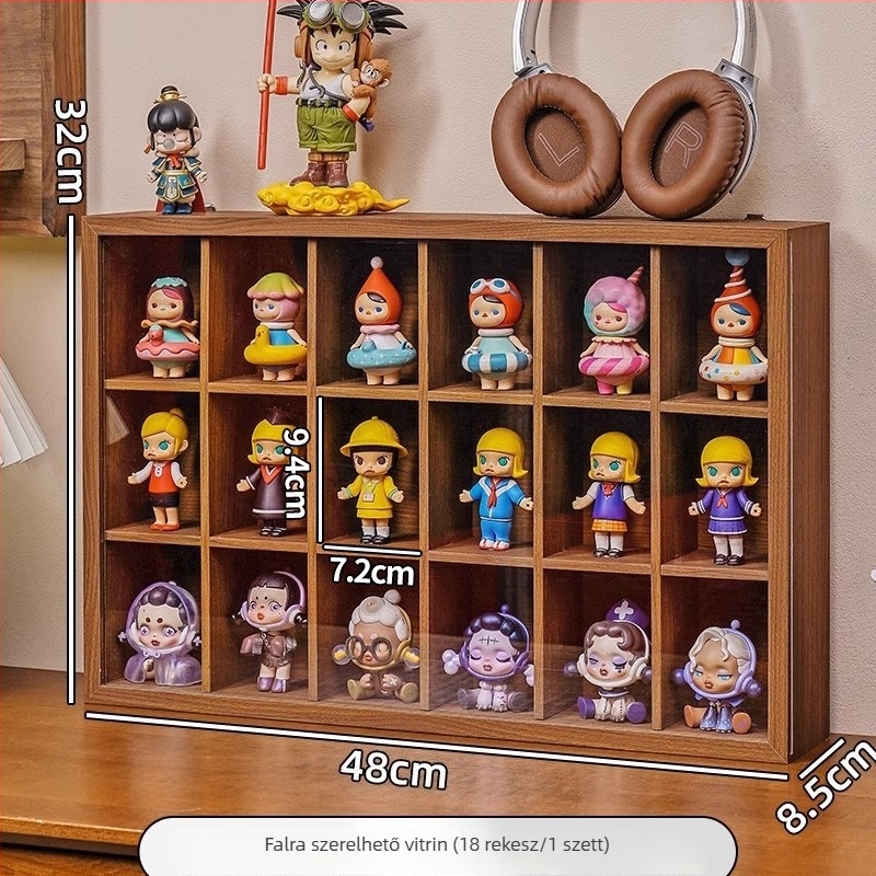 Diófa erezetű falra szerelhető Blind Box tároló- és bemutató állvány porálló kialakítással, 12 rekesz, új kínai stílus