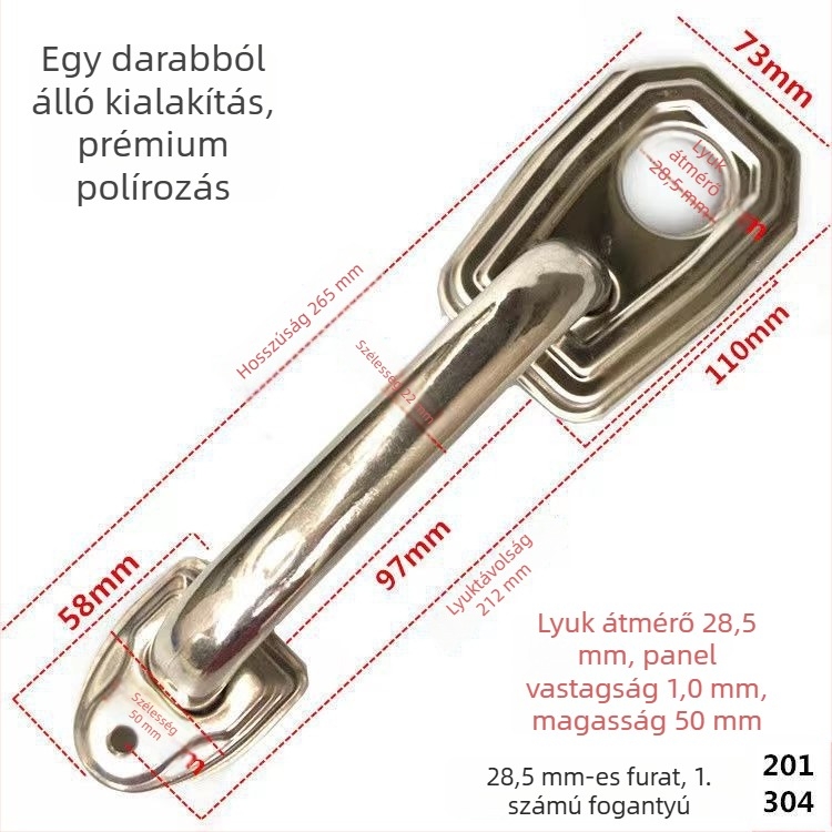 Rozsdamentes acél ajtófogantyú zárlyukkal, lopás elleni védelem, felületre szerelhető, fa- és fémajtókhoz, kompatibilis zárlyukkal