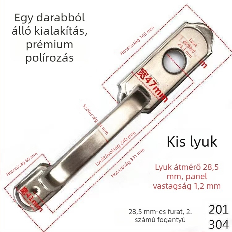 Rozsdamentes acél ajtófogantyú zárlyukkal, lopás elleni védelem, felületre szerelhető, fa- és fémajtókhoz, kompatibilis zárlyukkal