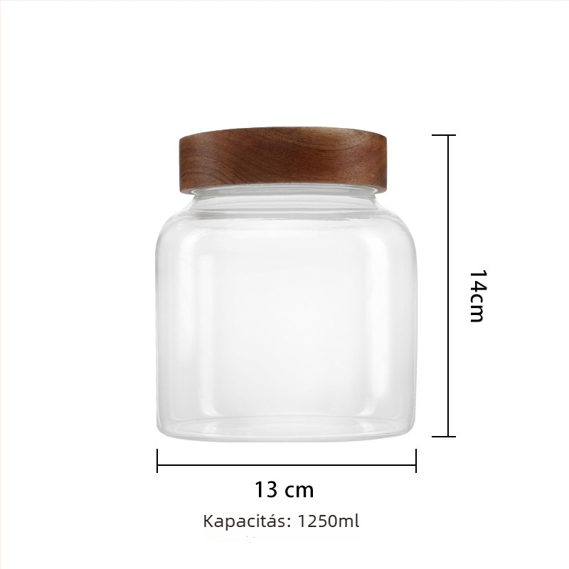 Akácfából készített fedéllel záródó boroszilikát üveg tároló, széles nyílású, teához és szárított narancshéj tárolására