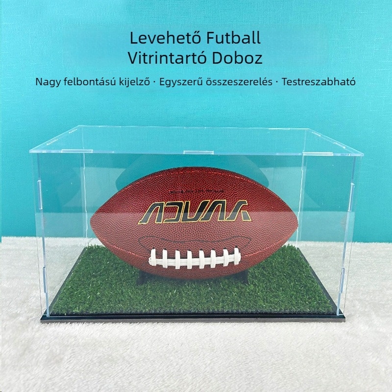 Akril futball kiállítási tok, átlátszó, levehető fű alapzattal