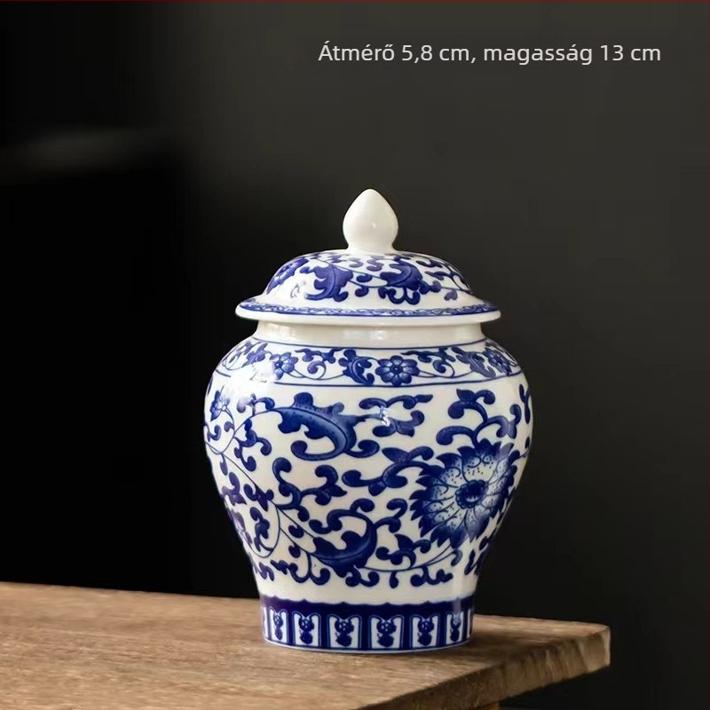 Kerámiából készült teás tároló edény fedővel, Pu'er és fehér tea tárolására, kék-fehér porcelán mintázat, retro stílus