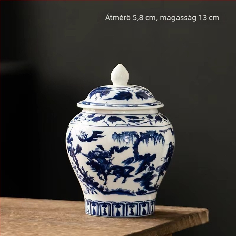 Kerámiából készült teás tároló edény fedővel, Pu'er és fehér tea tárolására, kék-fehér porcelán mintázat, retro stílus