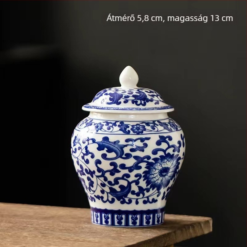 Kerámiából készült teás tároló edény fedővel, Pu'er és fehér tea tárolására, kék-fehér porcelán mintázat, retro stílus