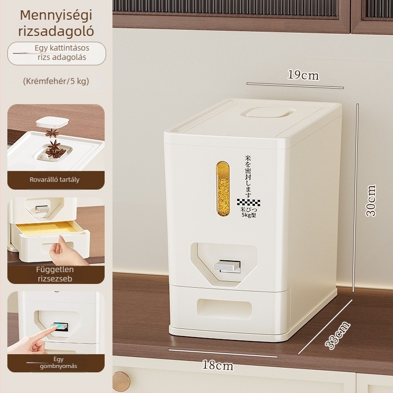 Nyomó típusú rizstároló edény, 5 kg / 10 kg, zárt, nedvességálló, rovarmentes, élelmiszer-minőségű