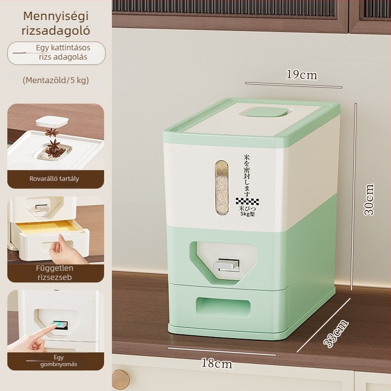 Nyomó típusú rizstároló edény, 5 kg / 10 kg, zárt, nedvességálló, rovarmentes, élelmiszer-minőségű