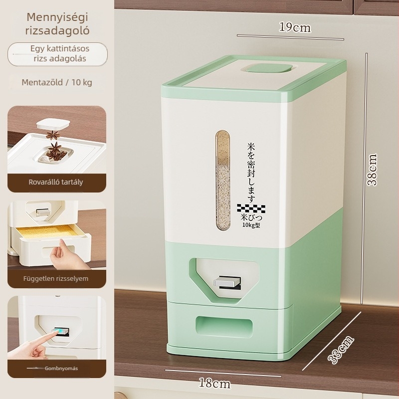 Nyomó típusú rizstároló edény, 5 kg / 10 kg, zárt, nedvességálló, rovarmentes, élelmiszer-minőségű