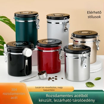 304 rozsdamentes acél tárolóedény dátummal, kávébabokhoz zárható kanállal, frissesség megőrző edény tejporhoz, teához és cukorhoz