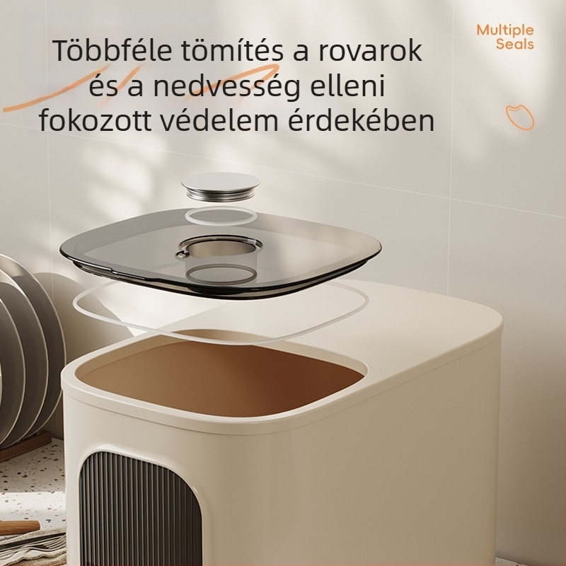 Nagy kapacitású műanyag rizstároló edény, élelmiszer-minőségű, zárható, nedvesség- és rovarálló, mérőskálákkal rizs és liszt tárolásához