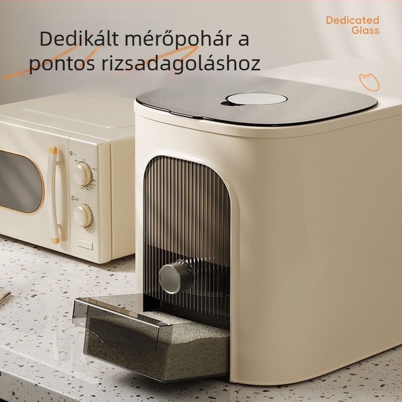 Nagy kapacitású műanyag rizstároló edény, élelmiszer-minőségű, zárható, nedvesség- és rovarálló, mérőskálákkal rizs és liszt tárolásához