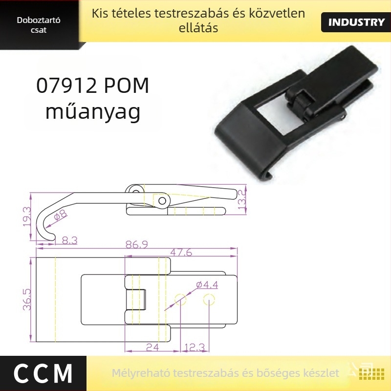 Előfeszítő rögzítőelem elektromos szekrényekhez, vázakhoz és szerszámtartókhoz, műanyagból, fekete felülettel