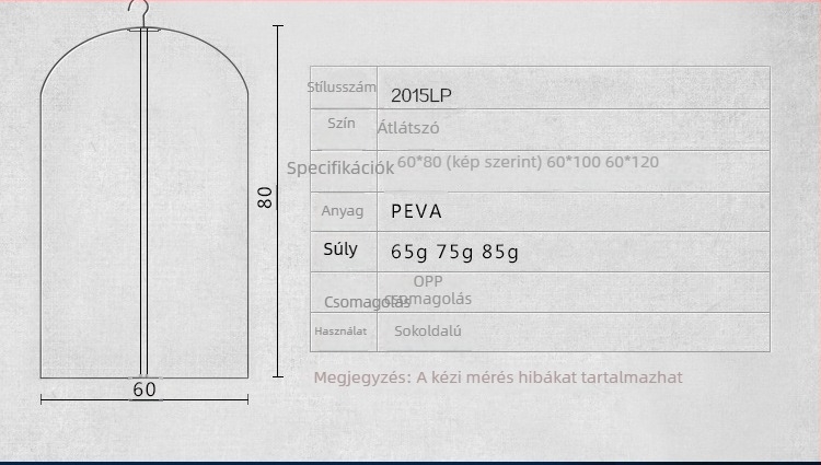 Átlátszó porvédő ruhahuzat, függő kivitelben, mosható, ruházathoz és kosztümökhöz