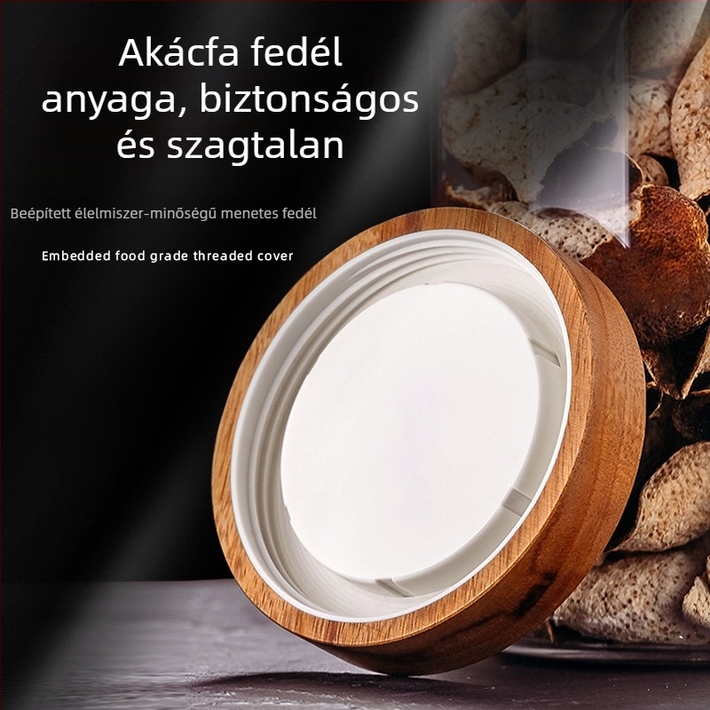 Nagy kapacitású üvegtároló edény akácfa fedéllel, teához, aszalt gyümölcsöknek és gabonáknak