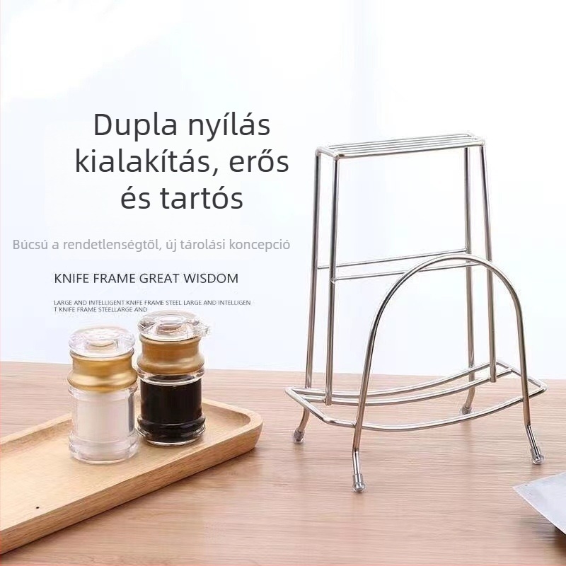 Rozsdamentes acél kés- és vágódeszka tartó, konyhai tároló, multifunkcionális állvány