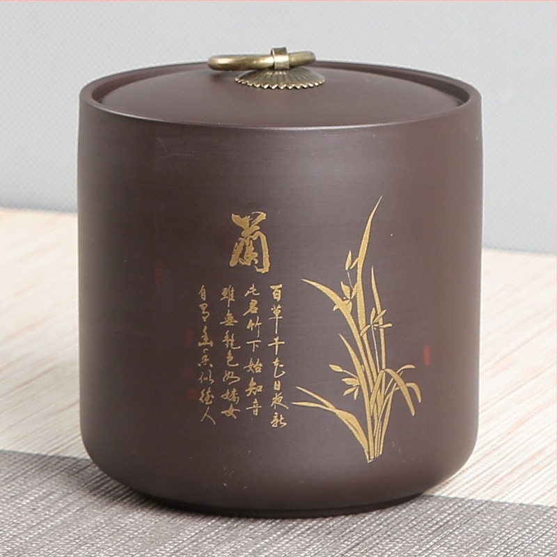 Yixing lila agyag teás doboz Pu'er lezárható, aranyozott dizájn, retro stílus, logóval, 10×10 cm, 0,8 kg