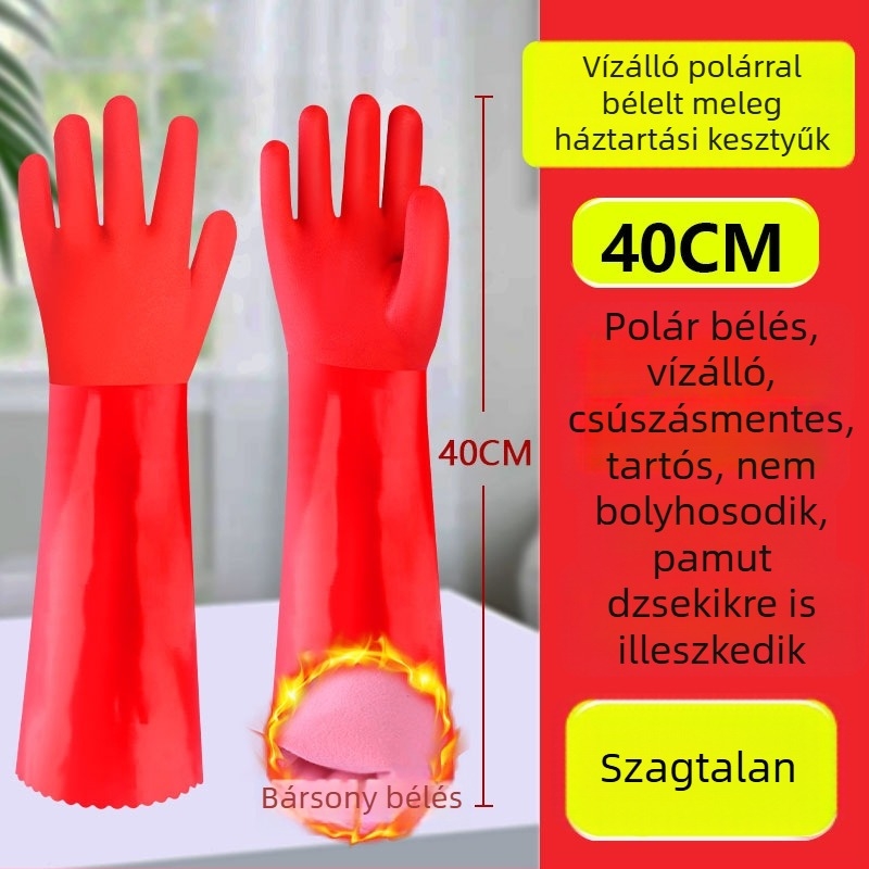 Tartós, hosszú mosogató kesztyű konyhai és szállodai használatra, velúr belsővel, női méret