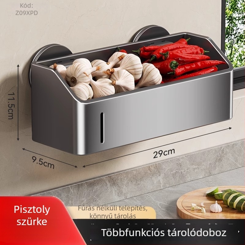 Fali tároló állvány szívókorongokkal, hagyma, gyömbér és fokhagyma számára