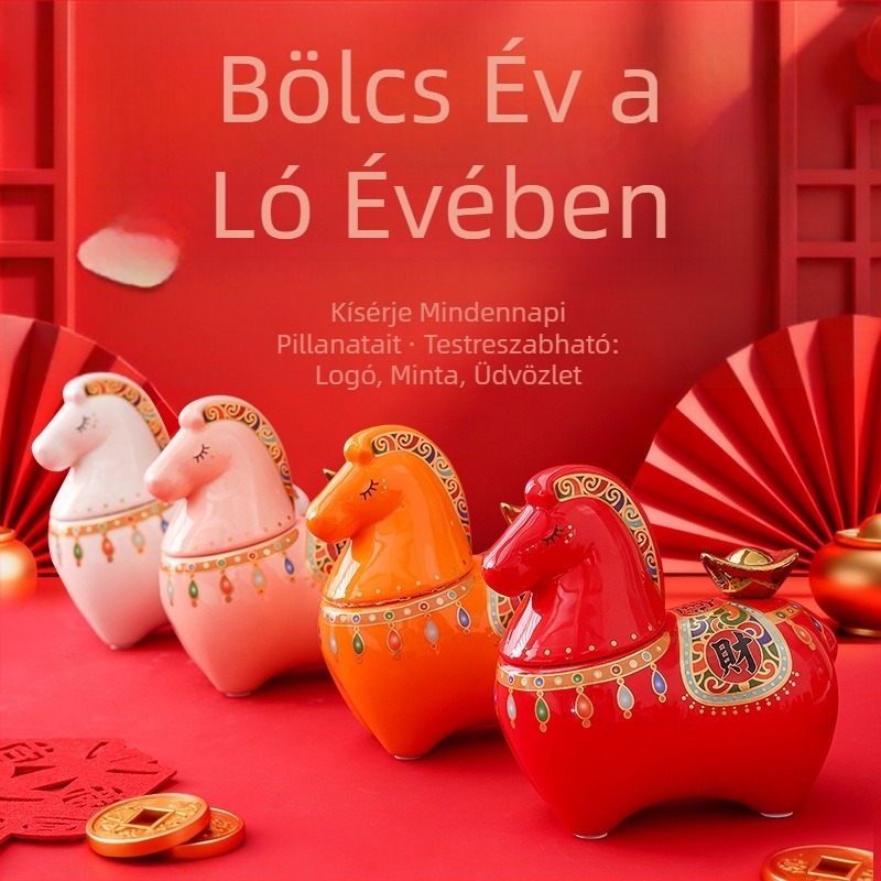 Kerámia zárható teás doboz ló motívummal, tárolóedény és persely, céges logóval díszített ajándékkészlet