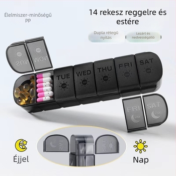 Otthoni hordozható gyógyszeres doboz 14 rekesszel, műanyag, fedéllel
