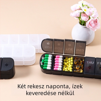 Otthoni hordozható gyógyszeres doboz 14 rekesszel, műanyag, fedéllel