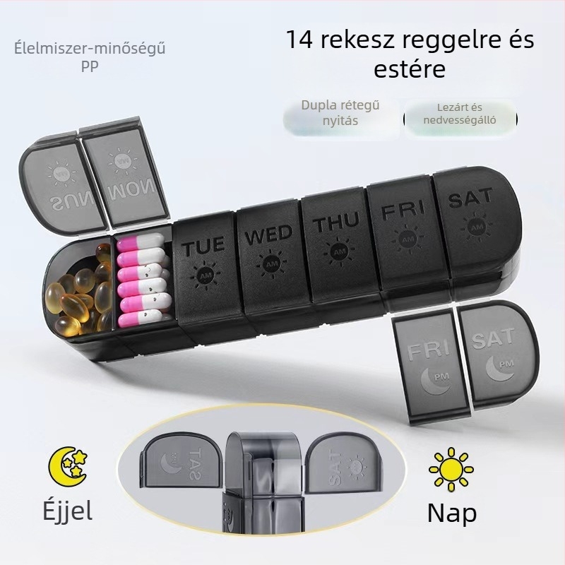 Otthoni hordozható gyógyszeres doboz 14 rekesszel, műanyag, fedéllel